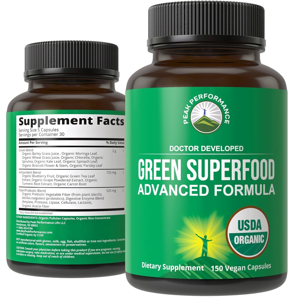 Organic Super Greens 150 capsule - Green Juice Superfood Supplemento con 25 tutti gli ingredienti biologici naturali. Pillole Max Energy e Detox Super Food con Spirulina, Spinaci, Kale, Turmerico, Probiotici