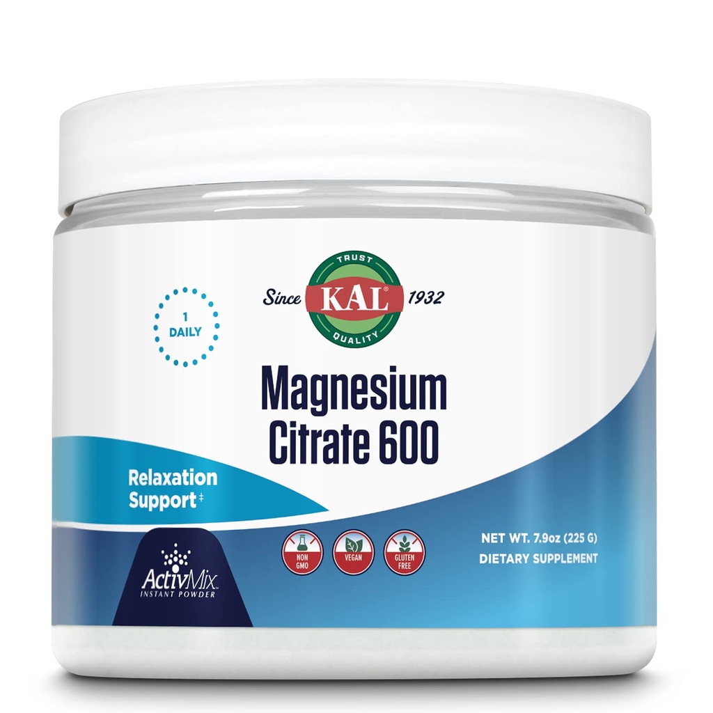Citrato di magnesio di KAL 600 mg ActivMix polvere istantanea, supplemento di magnesio per la funzione muscolare sana, rilassamento, Nerve e supporto di circolazione, Vegan, Non OGM, Gluten Free, Circa 60 Serv, 7.9oz