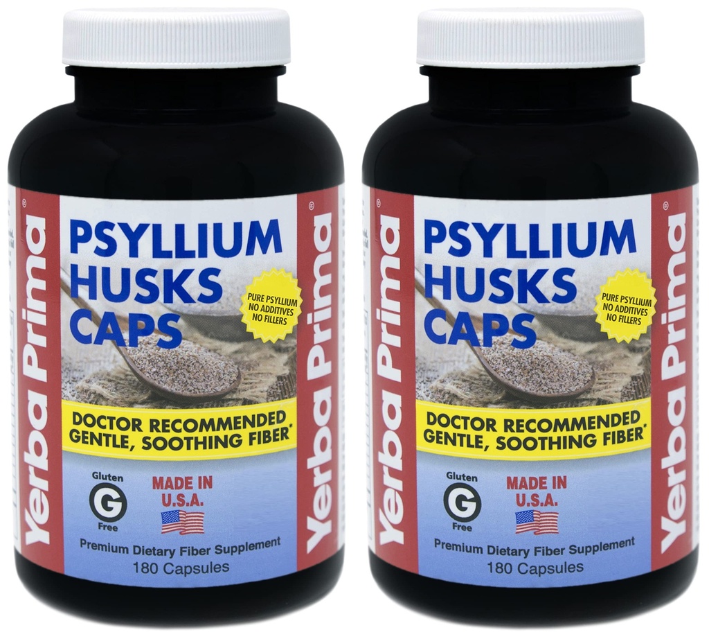 Yerba Prima Psyllium Husk Caps - 180 Capsule (Pack of 2) - Facile da ingoiare Fibra Supplemento - Colon Cleanse - Gut Health - Non-GMO Gluten Free