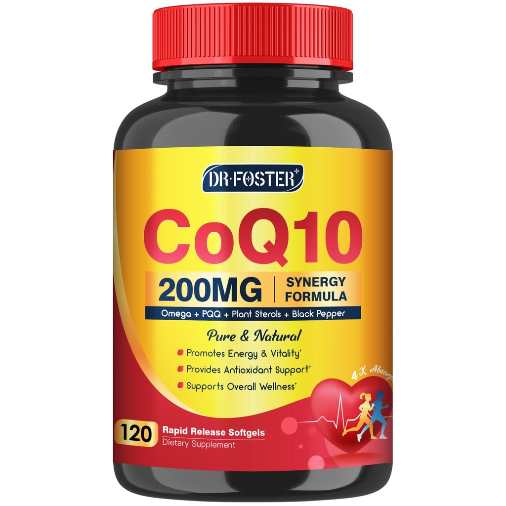 CoQ10 200mg Softgels con Vitamina E & Omega 3-6 -9 & PQQ - Coenzima ad alto assorbimento Q10 con Bioperina | Massimo Antiossidante | Supporti cardiaci & Integratore di produzione di energia cellulare | 120 Serve