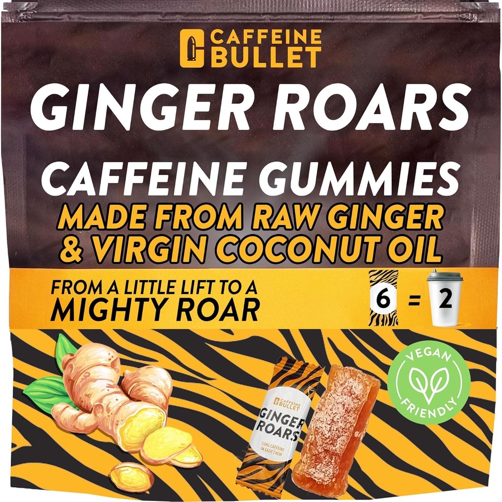 Ginger Roars - Caffeina Ginger Chews - 12 Candie Caffeina Ogni 33 mg di caffeina con un Delicious Natural Honey Ginger Flavour & Fiery suggerimento. Shots di energia a base vegetale, uno snack sano vegano per gli adulti.