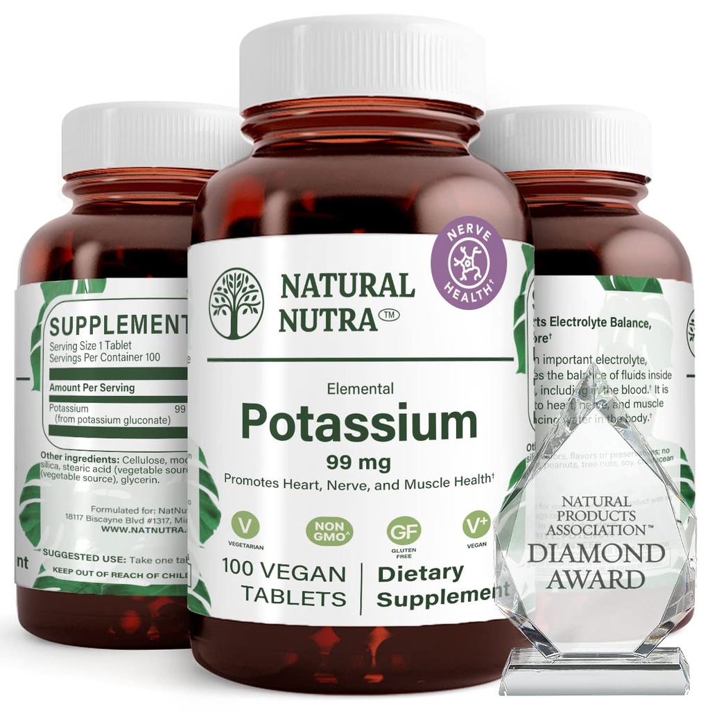 Natural Nutra Elemental Potassium Gluconate 99 mg Integratore alimentare – promuove l'energia, aiuta a migliorare il sistema nervoso, promuove la salute del cuore, il regolamento minerale, la funzione muscolare - 100 compresse vegane