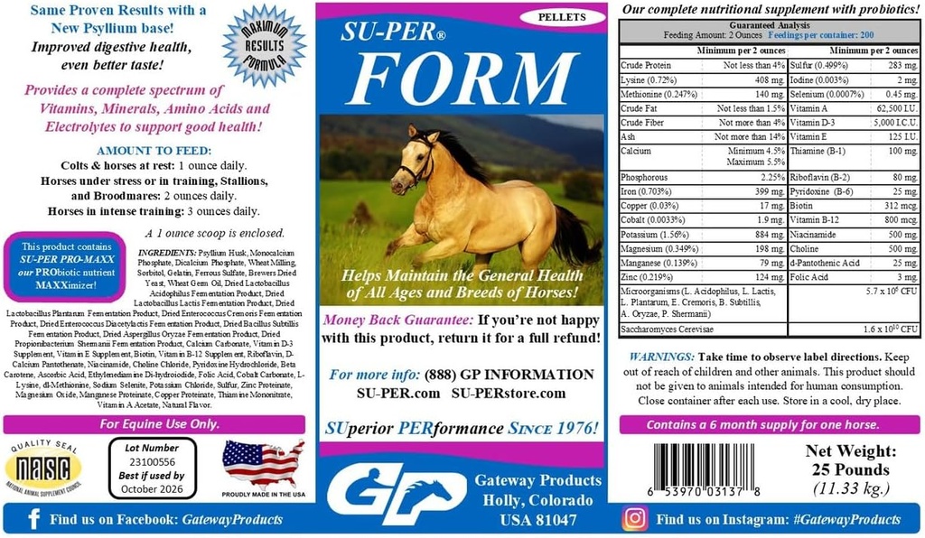 SU-PER forma di cavalli Vitamine e minerali Pellets - Supplemento nutrizionale con probiotici - Vitamine, Minerali, Aminoacidi ed Elettroliti - Aiuta a mantenere la salute generale - 25 Pounds, 6 Mesi di alimentazione