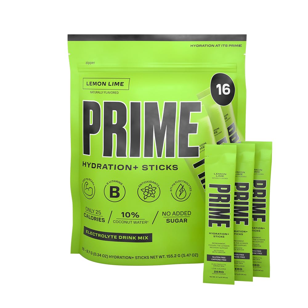 PRIME HYDRATION+ Sticks Lemon Lime | Polvere di idratazione Bastoncini di singola dose | Polvere di elettrolita sul Go | Basso zucchero | senza caffeina | Vegan | 16 Sticks