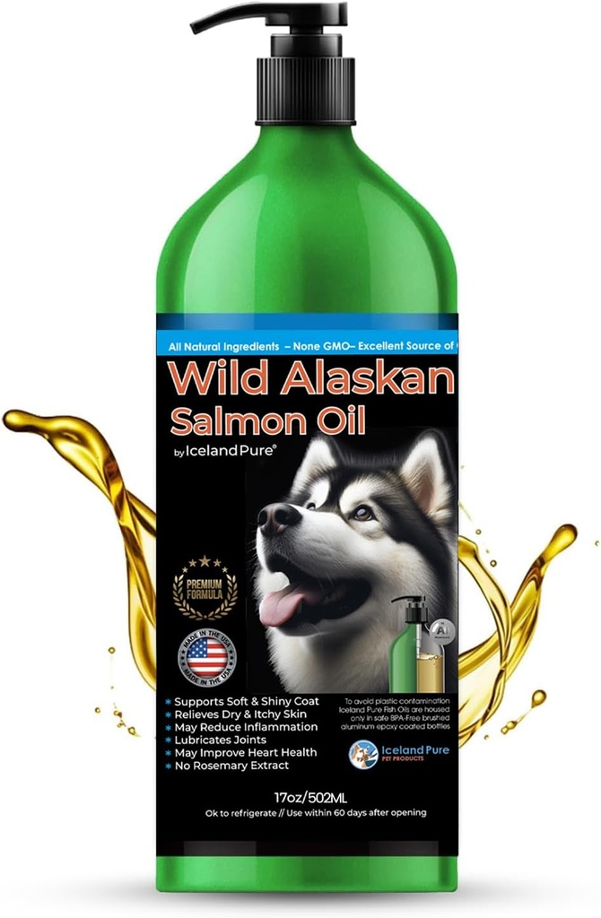 Wild Alaskan Salmon olio per cani e gatti da Islanda Pure | 1.043 mg di Omega-3 per Teaspoon | Salmon Oil & Pollock Blend | BPA-Free Brushed alluminio Epoxy rivestito bottiglia con pompa - 17 oz