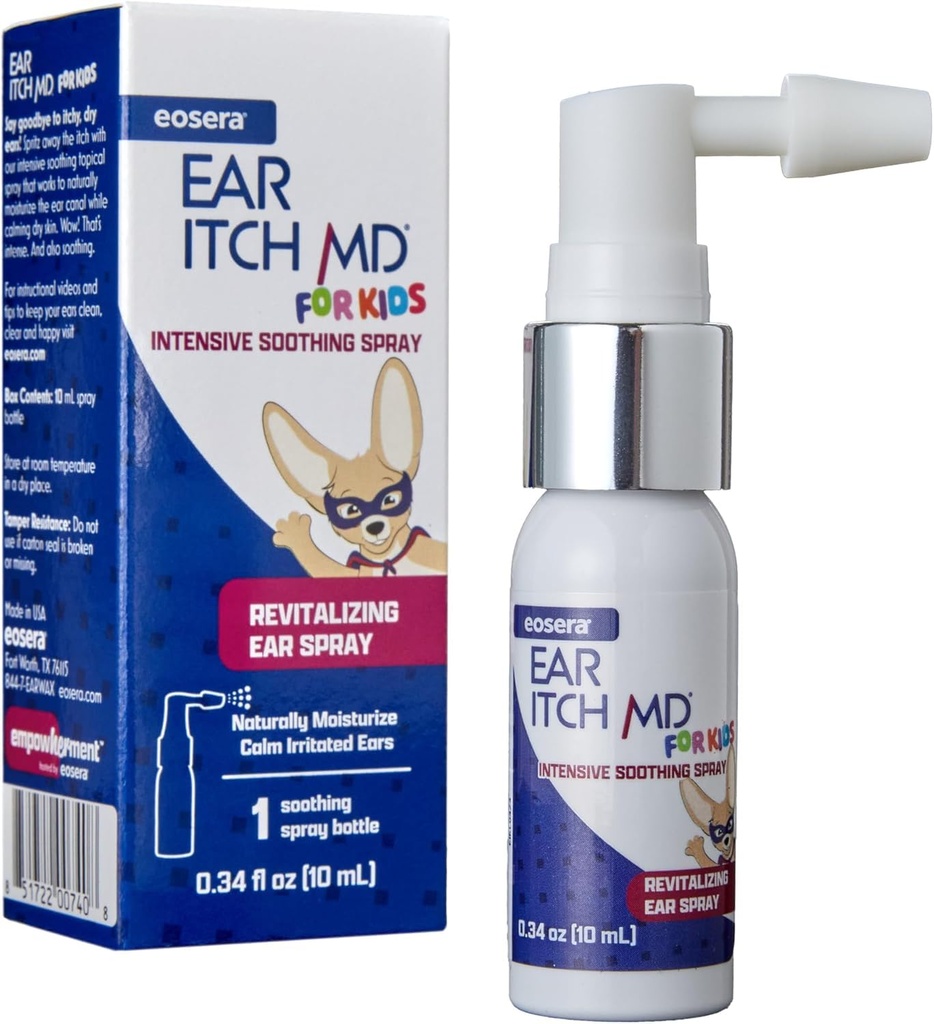 eosera® Ear Itch MD® per i bambini – Gocce d'orecchio per le orecchie asciutte, prurito – Formula idratante naturale con vitamina E – Rilievo per le allergie, Eczema, Dermatite – Sicuro per gli utenti di apparecchi acustici 2+ &