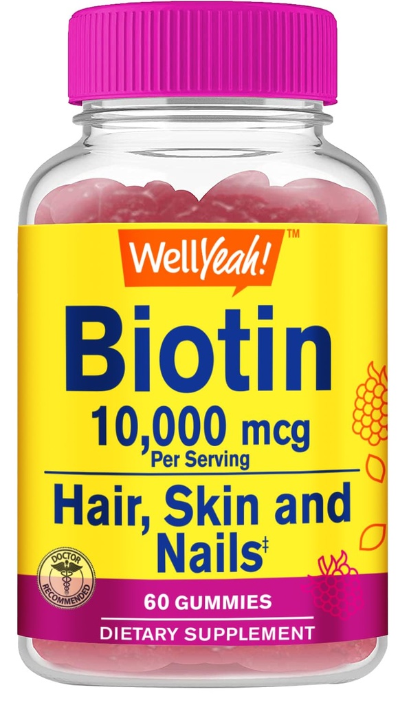 WellYes High Potency Biotin 10.000 mcg Gummies - per capelli più forti, pelle e unghie - Vegan-Friendly, senza glutine, non OGM, e Delicious Berry Flavor - 60 Gummies
