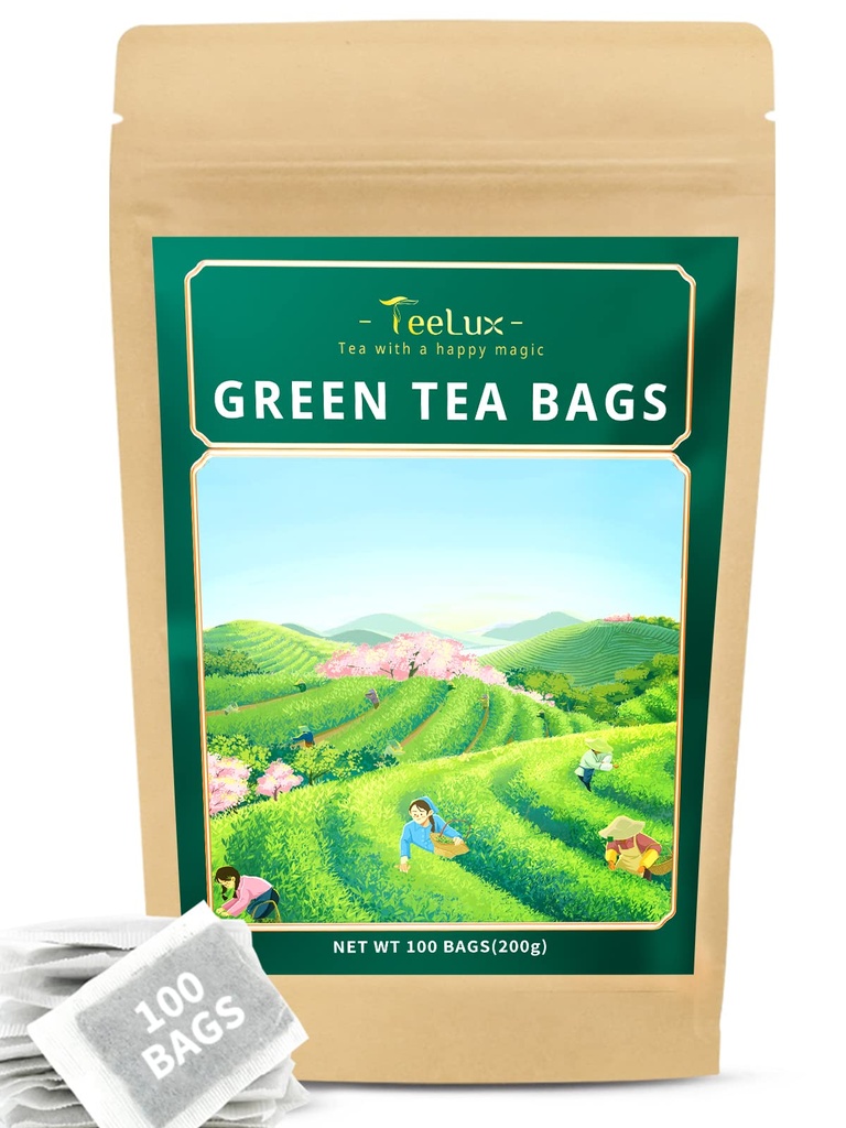 TeeLux Green Tea Bags, Natural Pure Green Tea, Super Antiossidante, Caffeinato, 100 Conte Borse di tè per sostenere la salute generale