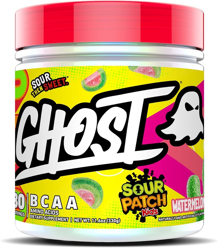 Supplemento di aminoacidi della polvere di GHOST BCAA, anguria dei bambini del polpaccio di aspro - 30 Serve - Intra senza zucchero, Post & Pre Workout Amino Powder & Recovery Drink, 7G BCAA
