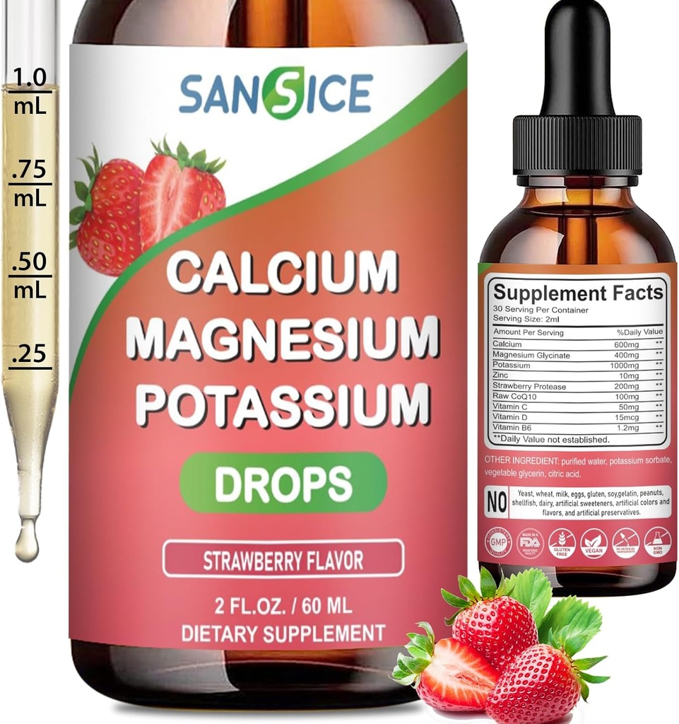 Integratori di potassio di magnesio di calcio, glicinato di magnesio 400mg di zinco multivitaminico gocce di calcio Supplemento di potassio ad alto assorbimento Vegan Non OGM (aroma di mirtillo 60ml)
