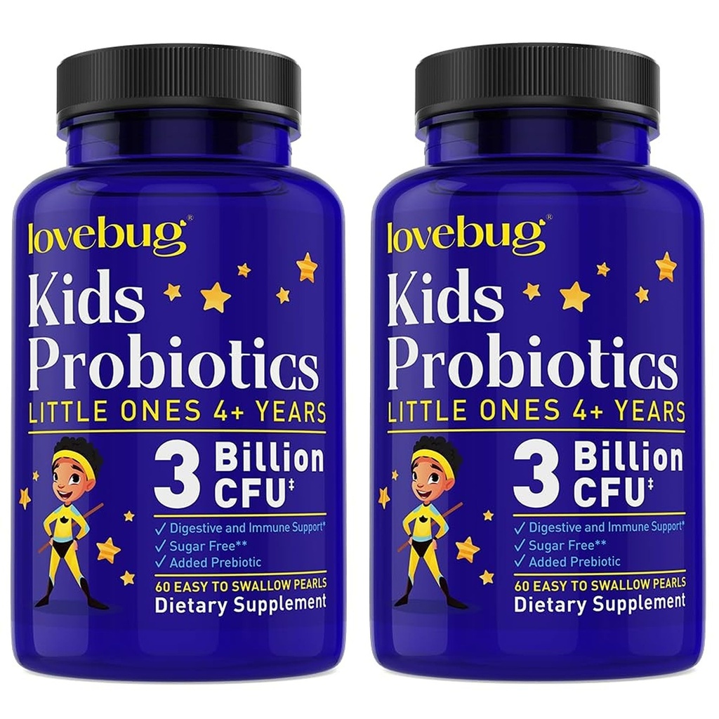PRObiotici LOVEBUG per bambini - Bambini chewables probiotici con prebiotici per invecchiato 4+, salute del fegato dei bambini giornalieri, costipazione, supplemento di supporto digestivo e immunitario, senza zucchero, 120 perle morbide