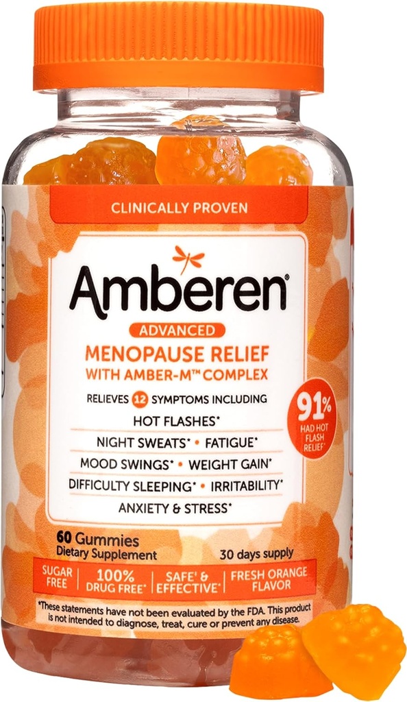 Amberen Menopause Supplementi per le donne, Multi-Symptom Relief, Vitamina E & Unique Amberen Compound, Aiuta a sostenere l'equilibrio dell'ormone, Hot Flashes & Night Sweats, Sugar Free, Orange Flavor, 60 Gummies
