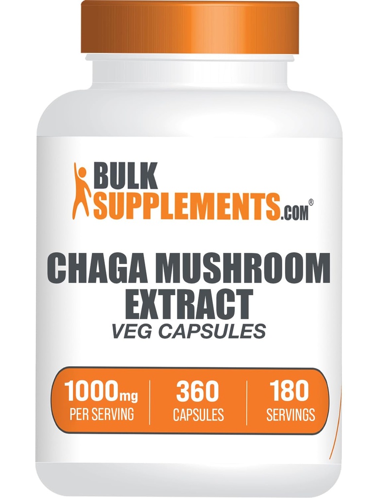 BulkSupplements.com Chaga Estratto di funghi - Estratto di Chaga, Chaga Mushrooms - Vegan & Gluten Free, 2 capsule per porzione (1000mg), 360 Count (Pack of 1)