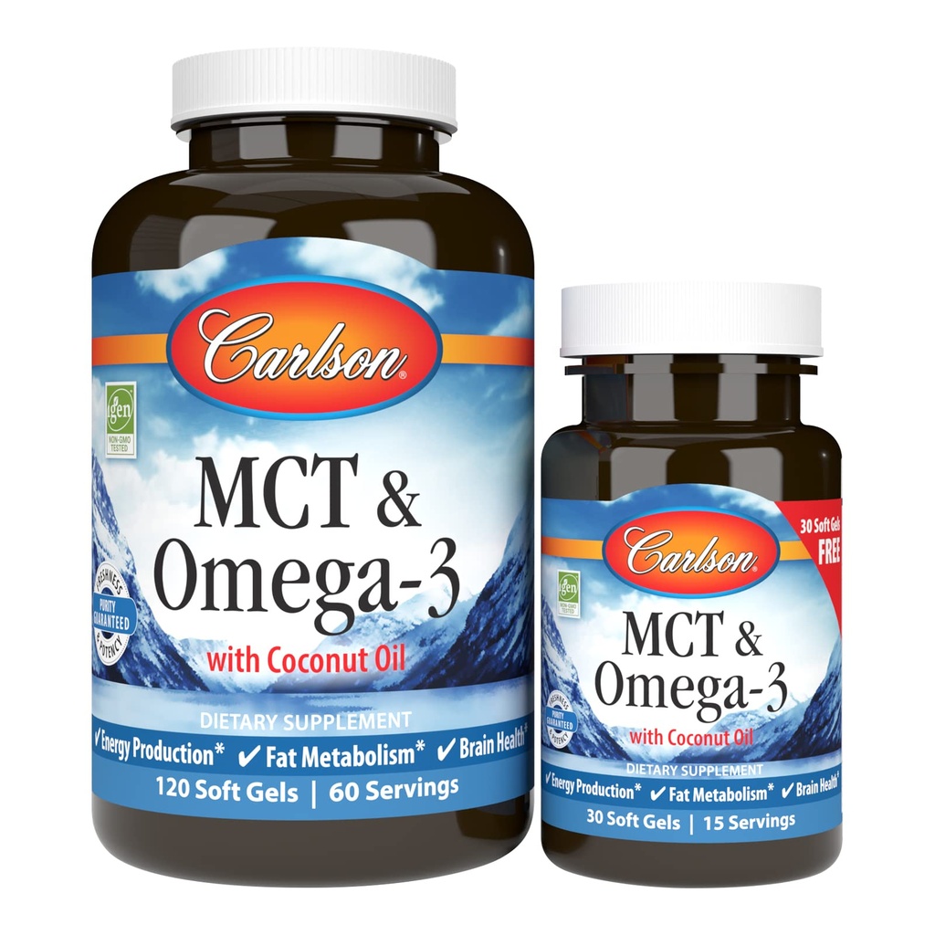 Carlson - MCT & Omega-3, Olio di cocco, Acidi Caprylic & Capric, EPA & DHA, Produzione di energia, Metabolismo grasso & salute del cervello, 120+30 Softgels