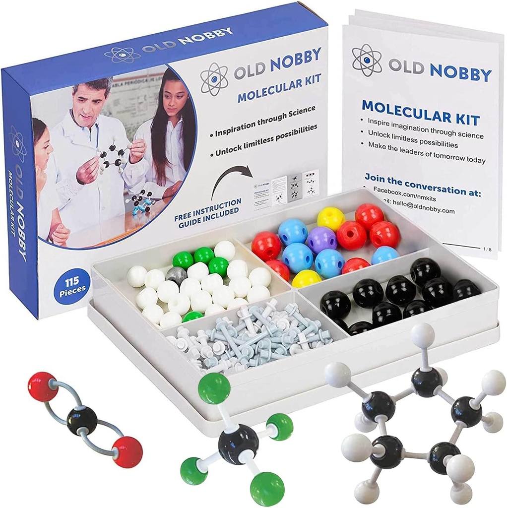 Old Nobby Chemistry Modello Kit - 115 pezzi Modello molecolare Set include Atomi, Obbligazioni, Guida didattica - STEM Science Tool for Students, Organic Chemistry, Molecular Learning - Modelli colorati