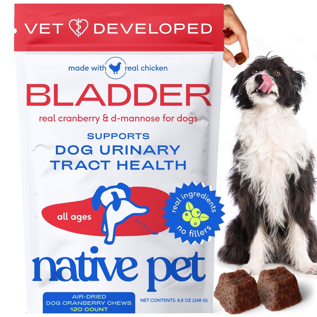 Trattamento del cane animale domestico UTI - Supplemento di mirtilli per il controllo della vescica e il supporto del rene - Prevenire l'infezione del tratto urinario e l'incontinenza urinaria - fatto con estratto di mirtillo reale - 120 chews