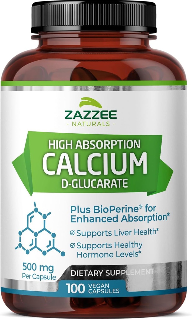 Zazzee ad alto assorbimento Calcio D-Glucarato, 500 mg per capsula, 3 mg BioPerine per assorbimento potenziato, 100 capsule vegane, Plus Broccoli 10:1 estratto, 100% Vegetariano, CDG, All-Natural e Non OGM