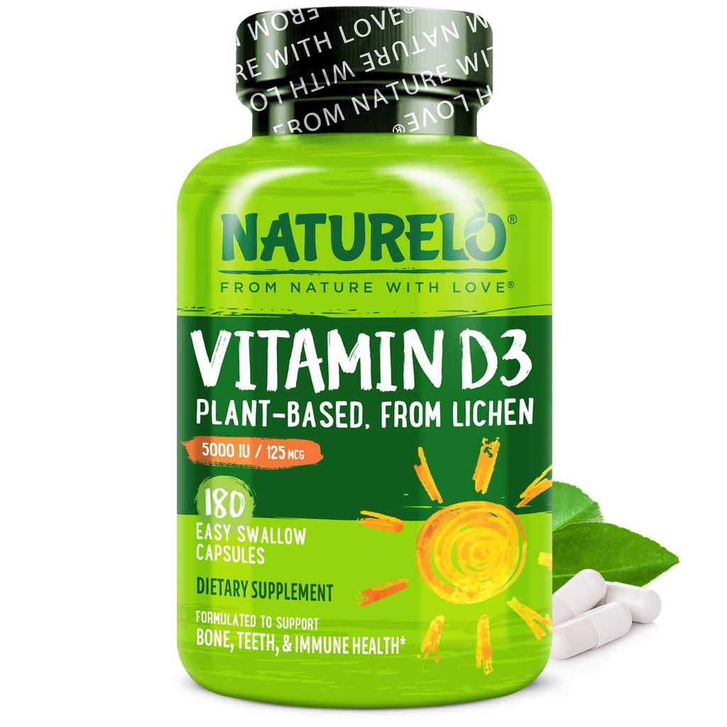 NATURELO Vitamina D - 5000 IU - Impianto Basato da Lichen - Integratore D3 Naturale per Sistema Immune, Supporto Bone, Salute Congiunta - Alta Potenza - Vegan - Non OGM - Gluten Free - 180 Capsule