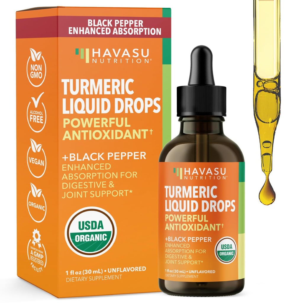 USDA Organic Curmeric Liquid Drops with Black Pepper - 1000mg Curcumin Supplemento per Immune & Digestive Health - 30 Serve - Assorbimento potenziato - Non OGM, Vegan, Gluten Free - Non aromaed, 1 Fl Oz