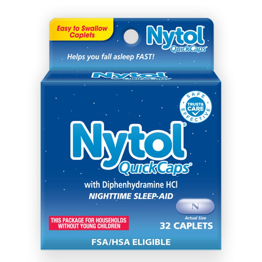 Nytol Quick Caps Nighttime Sleep Aid con Diphenhydramine HCI, Caplets Easy-to-Swallow a Fall Asleep Fast, 32 Count