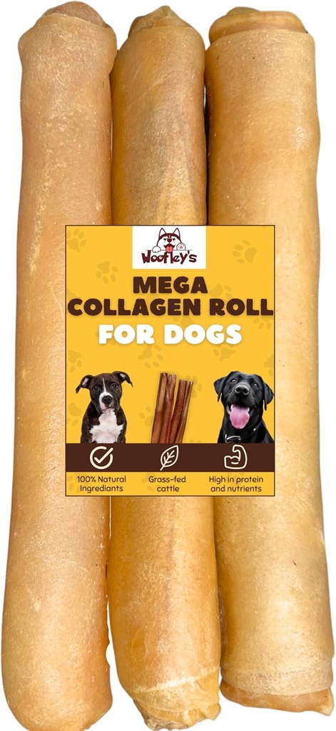 Roll Extra Thick Collagen di Woofley (10-12 pollici - 3 PC) - Chews for Dogs - Bully Stick Rawhide alternativa Dog Chews No Hide Bones for Medium & Large Dogs