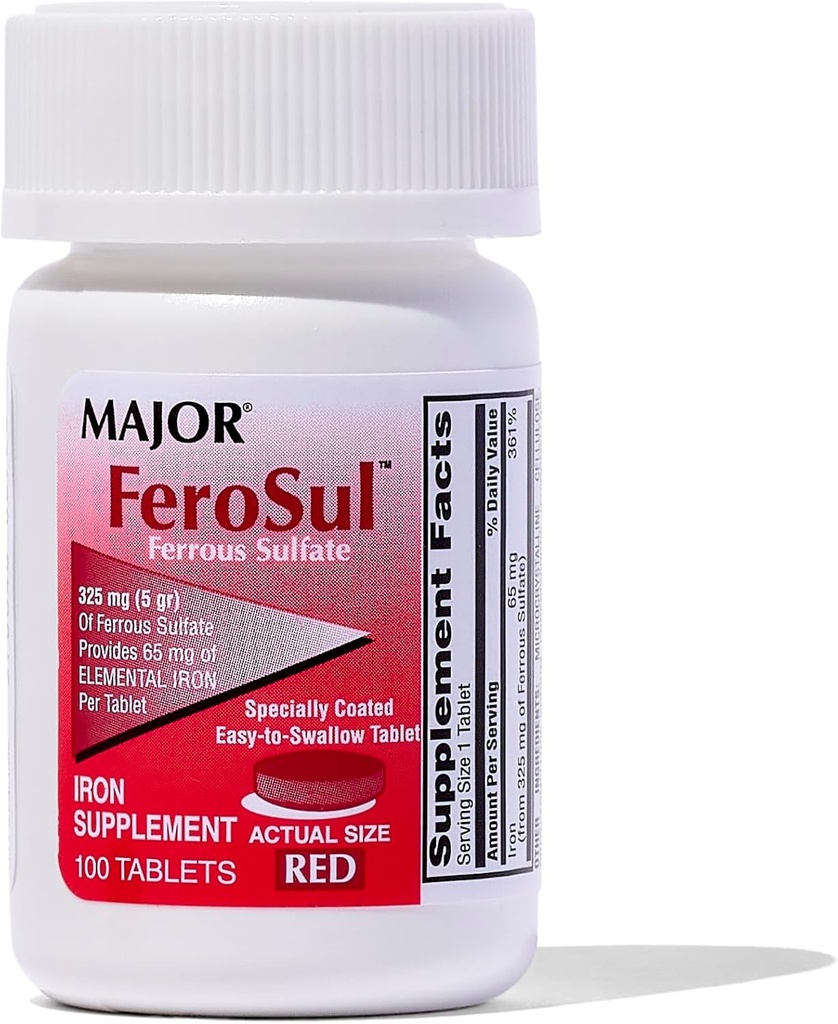 Ferosul maggiore - Ferrous Sulfate 325mg compresse con 65mg di ferro elementare - Supplemento di ferro per le donne, uomini - Rosso - 100 conte