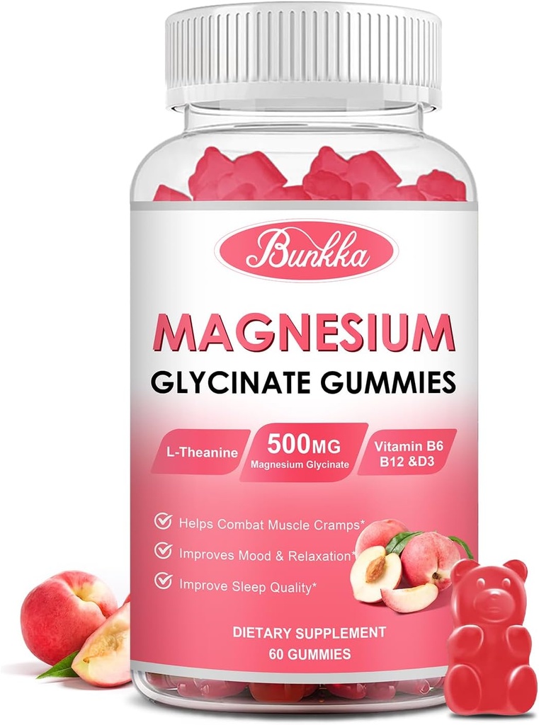 Magnesio Glycinate Gummies - Zucchero Libero, Magnesio Complesso Potassio Supplemento con Potassio, VitaminD, B6 per Calma, Sonno & Stress Rilievo per Adulti - 60 Peach Gummiess