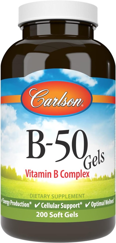 Carlson - B-50 Gel, Vitamina B Complex, Produzione Energetica, Supporto Cellulare e Benessere ottimale, 200 Softgels