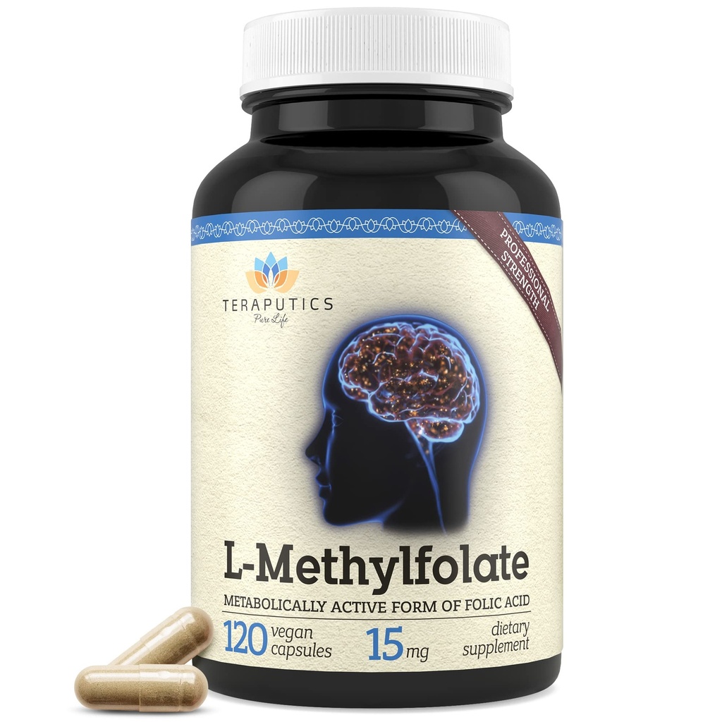 Teraputics L-metilfolato 15mg | 120 capsule vegane | Premium | 5-MTHF Integratore attivo di Folato di metile per Mood Homocysteine Methylation – Non-GMO Gluten-Free, No Fillers - Supporto di cervello acido folico
