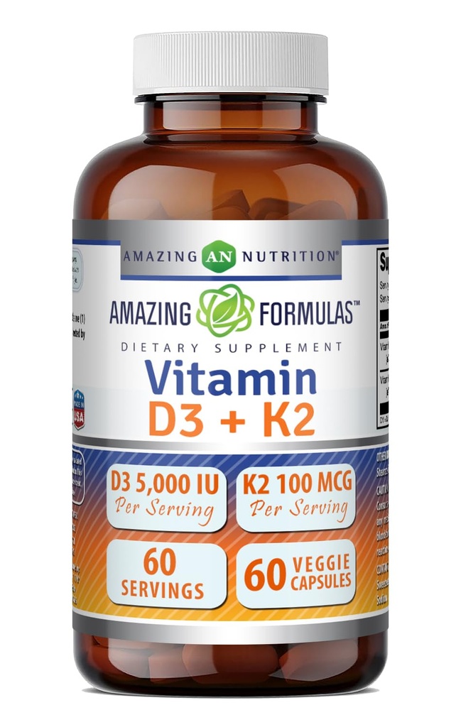 Stupefacente formula vitamina D3 5000 IU con vitamina K2 100 mcg | D3 + K2 supplemento complesso | Capsule vegetali | Non OGM | Gluten Free | Made in USA (60 Count)