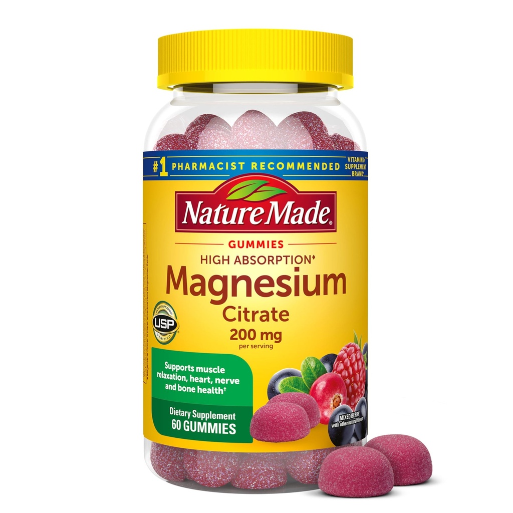 Citrato di magnesio ad alto assorbimento della natura 200 mg per porzione, supplemento di magnesio per il muscolo, Nerve, Bone e supporto cardiaco, 60 gummie di magnesio, alimentazione di 30 giorni