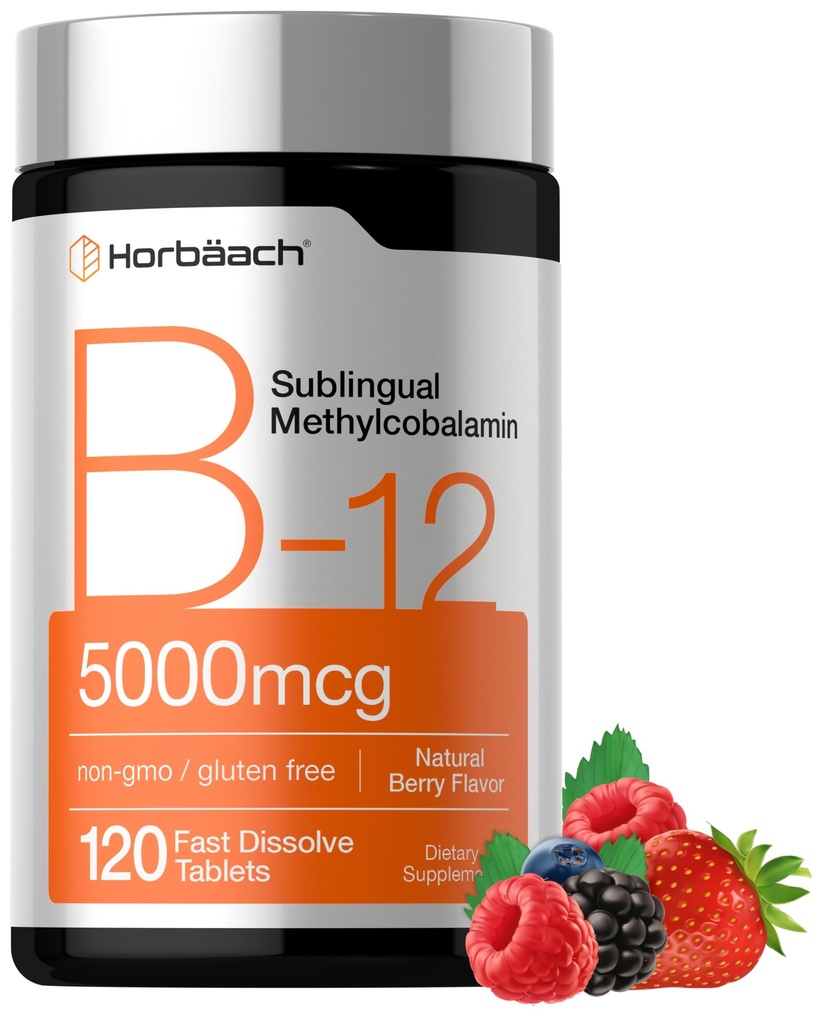 Horbäach B12 Vitamina 5000 mcg | 120 compresse dissolve veloci | Methylcobalamin sublinguale | Vegetariano, Non OGM & Gluten
