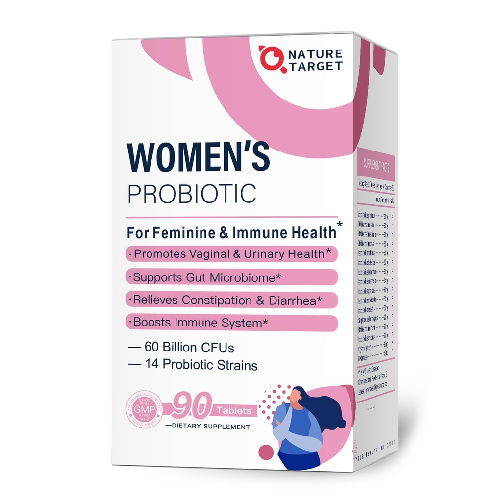 NATURA TARGET Probiotici-per-Donne con Prebiotici, Mirtillo e D-Mannose, 60 miliardi di CFU, Probiotico femminile per la salute digestiva/Gut Health/Immune Booster