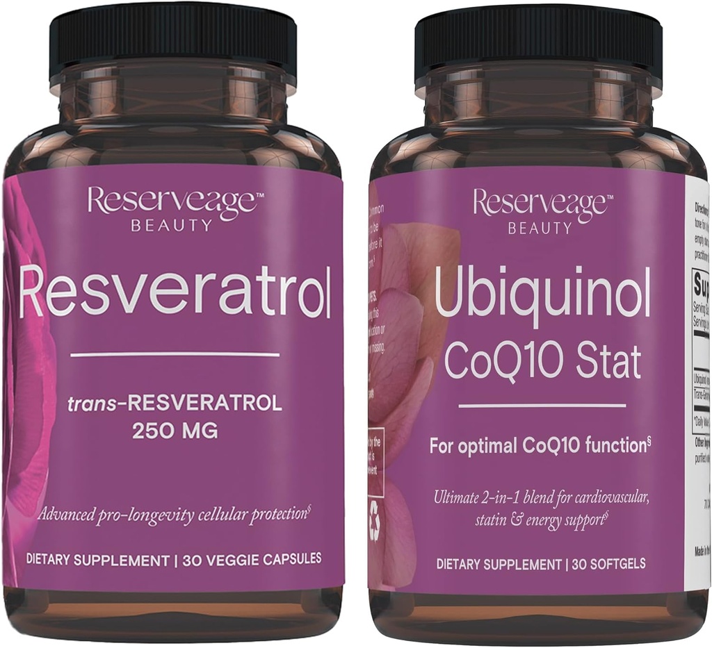 Riserva bellezza, Resveratrolo 250 mg, Supplemento antiossidante per il cuore e la salute cellulare 30 Caps & Ubiquinol CoQ10 Stat - Supporto per il sistema cardiovascolare, livelli di energia & salute cellulare - 30