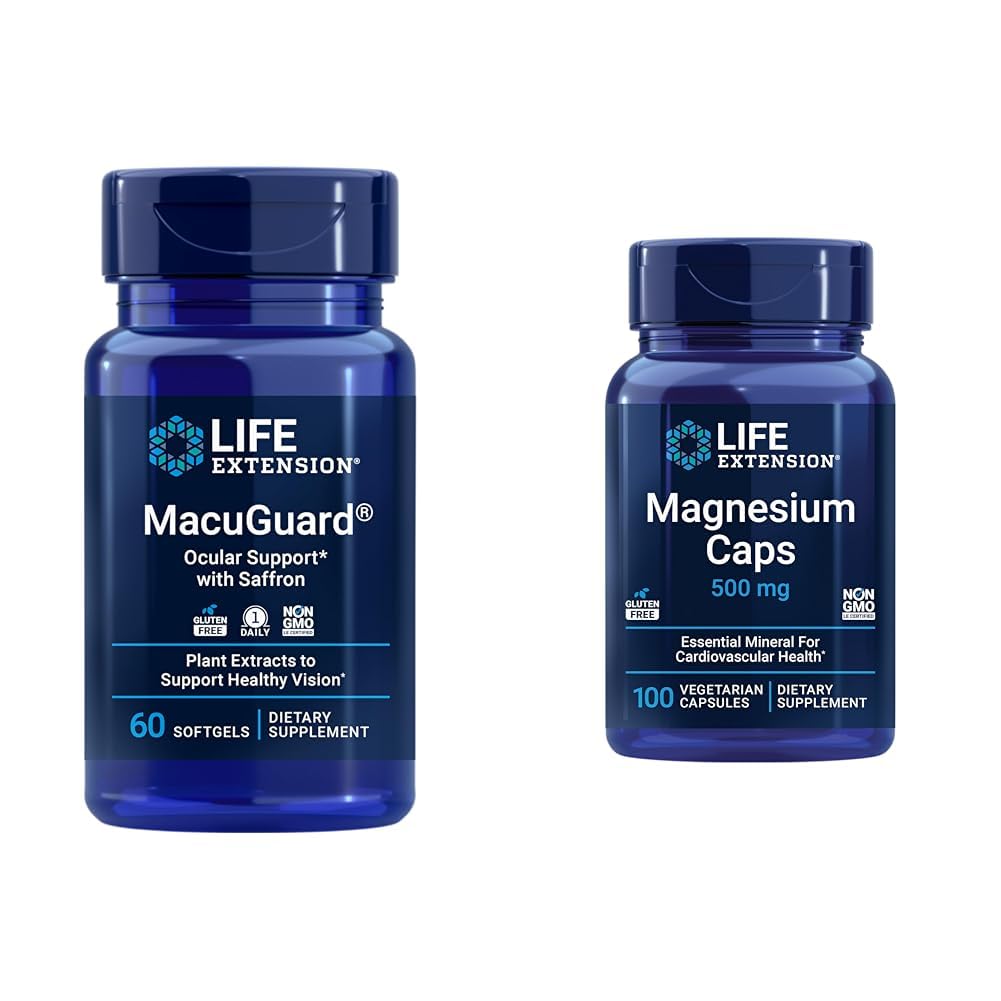 Integratore di salute degli occhi di MacuGuard con capsule di magnesio 500mg - Lutein, Zeaxanthin, Meso-zeaxanthin e Zafferano per una visione sana - 60 Softgels e 100 capsule vegetariane