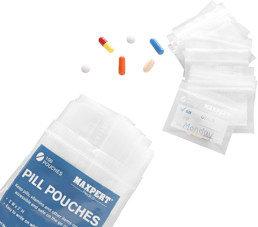 Pill Pouches, sacchetti di plastica Pill (Pack of 200) – Baggie di pedana da viaggio tasca – Sacchetto dell'organizzatore della pedana della cerniera rivestibile – 3” x 2” – Pouches di stoccaggio della medicina quotidiana – Clear w/Write su etichetta