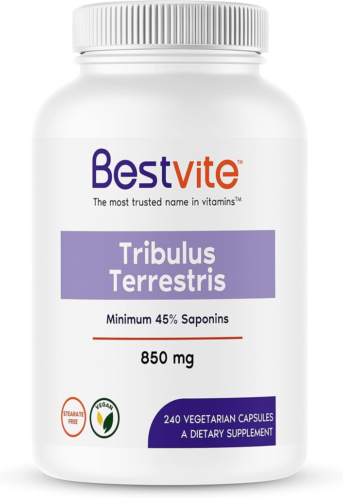 BESTVITE Tribulus Terrestris 850mg per capsula (240 capsule vegetariane) - Estratto standard - Min 45% Saponins - No Stearates - No Diossido di silicio - No Fillers - Vegan - Non OGM - Gluten Free