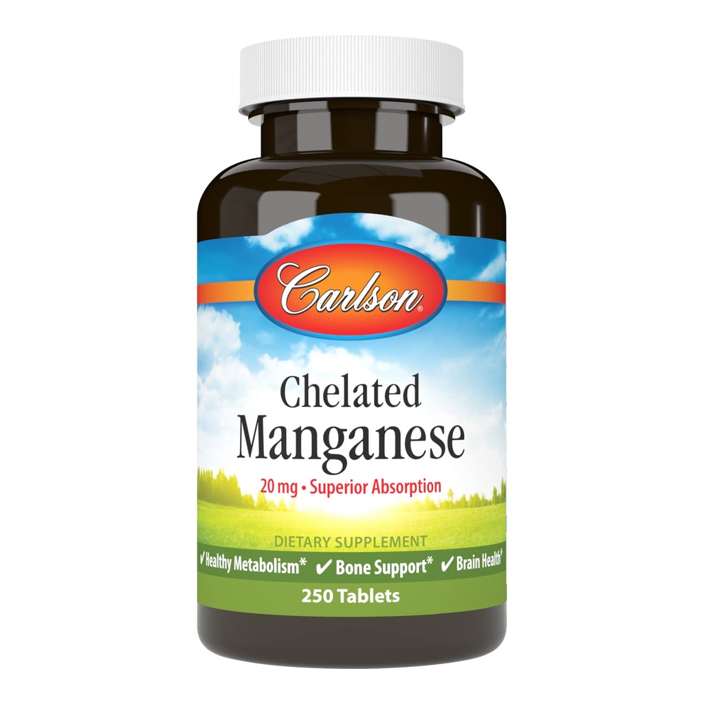 Carlson - Chelated Manganese, 20 mg - Assorbimento Superiore, Metabolismo sano, Supporto e salute del cervello, 250 compresse