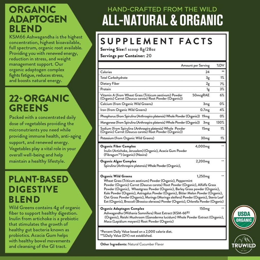 TruWild Greens Superfood Juice Powder, con 22+ Greens & Anti-Oxidants, Immune naturale, Stress, Polvere di supporto di digestione, 90 Servings, 3 Pack