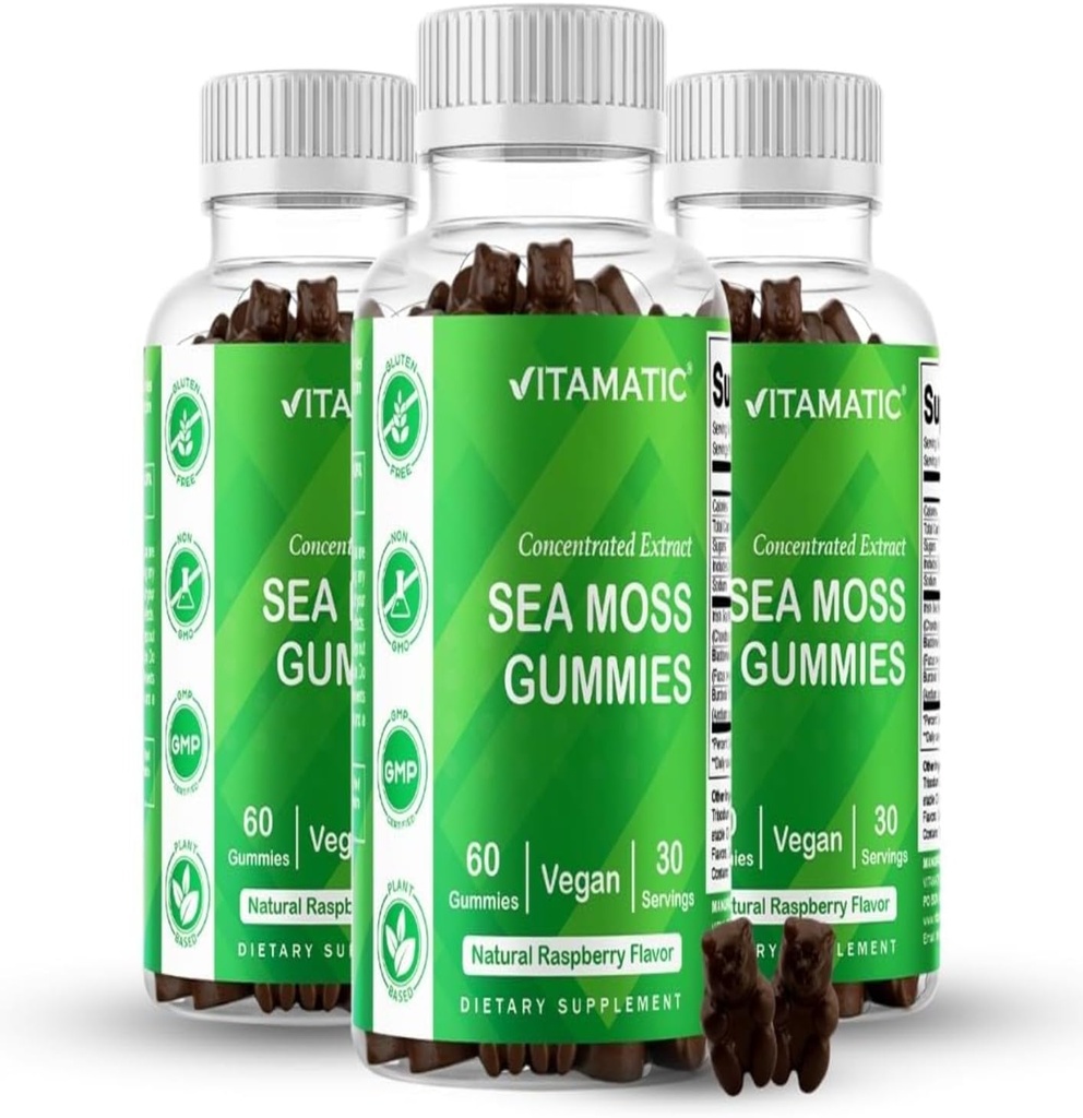 Vitamatic 3 Pack Irish Sea Moss Gummies- 3000mg Equivalent Per Serving (da Estrarre 132.5 mg) - 60 Ct - Realizzato con la radice di Bladderwrack & Burdock - Seamoss Supplement per tiroide, energia, supporto immunitario