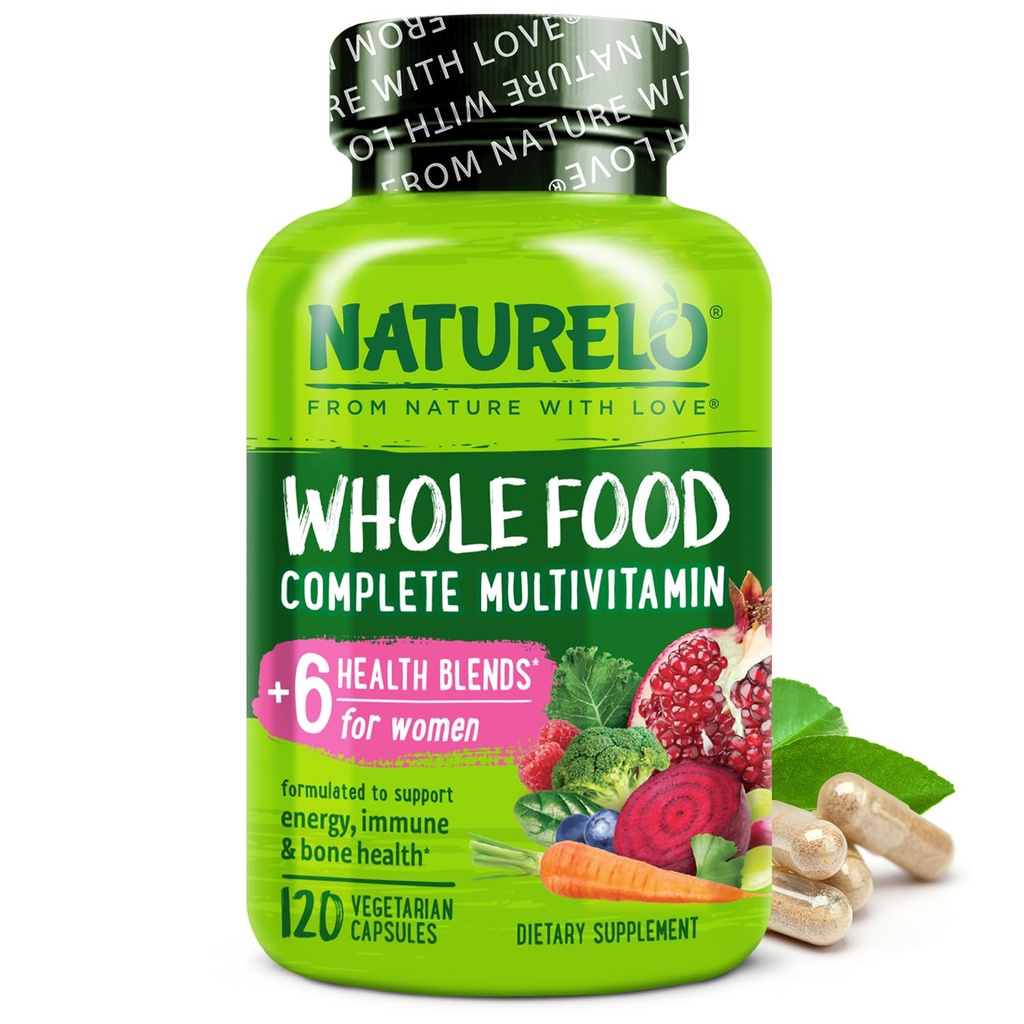 NATURELO Whole Food Multivitamin per le donne - con vitamine, minerali e estratti organici - Supplemento per l'energia e la salute del cuore - Non OGM - 120 capsule vegane
