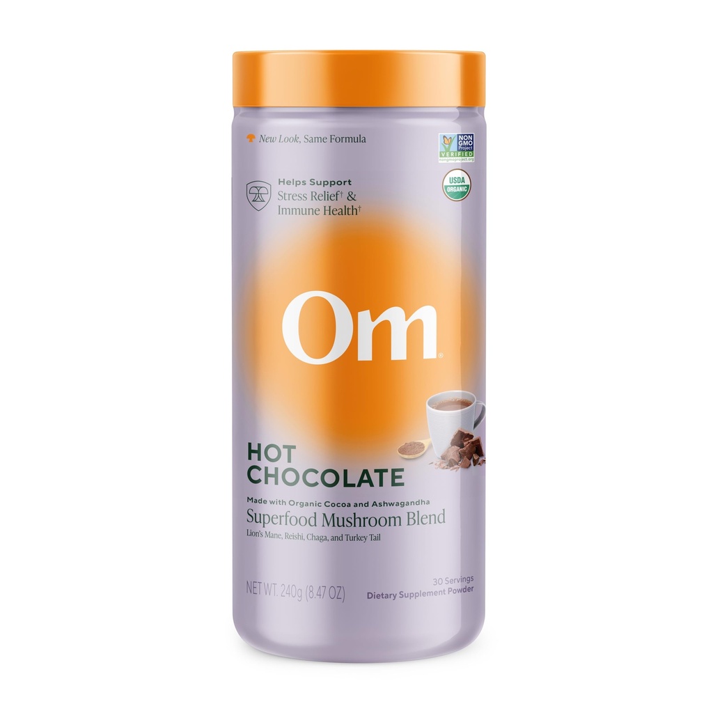OM MUSHROOM SUPERFOOD Hot Chocolate Blend – Cacao olandese con Lion’s Mane, Reishi, Chaga & Turkey Tail – Supporta Focus, Calm & Stress Relief – 2g Sugar, 25 Calorie – 8.47 oz Canister (30 Servings)