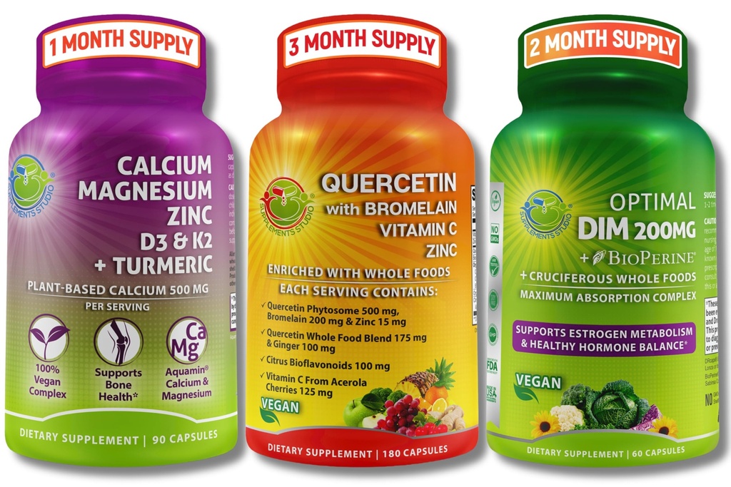 Vegan Bone, Immune, & Supporto ormonale Trio – Calcium basato sulle piante, Magnesio, Zinco + D3, K2 & Turmeric + Quercetina con Bromelain, Vitamina C, Zinc + DIM 200mg & BioPerine® in Capsule Rilassati