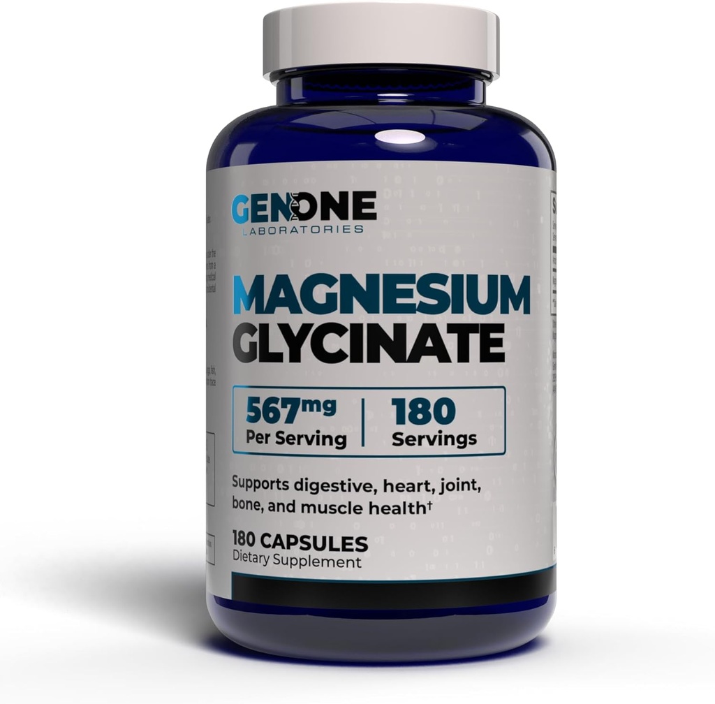 GenOne Magnesio Glycinate Capsule - Assorbimento potenziato per Bone & Mental Support - Genere su Stomach 567mg per Serving - 180 Count