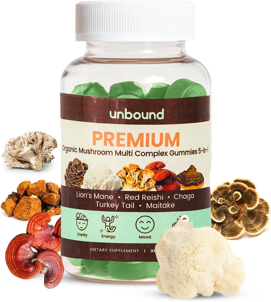 Unbound Premium Organic Mushroom Multi-Complex Gummies per Supporto Memoria 5 in 1, Blend with Chaga, Lion's Mane, Reishi, Turkey Tail, Maitake - 60 Gummies,