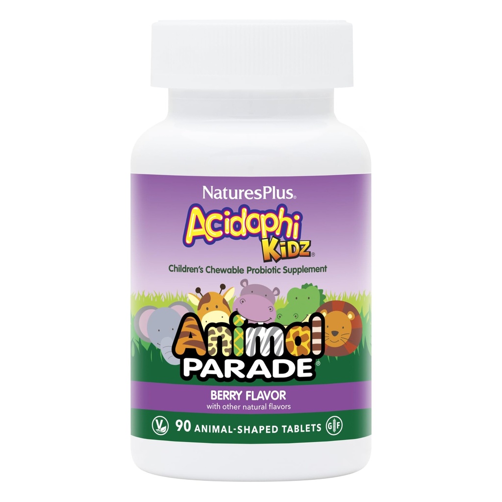 NaturesPlus Animal Parade AcidophiKidz, Berry Flavor - 90 Chewable, Animal-Shaped Tablets - Confezione da 2 - con Probiotici, FOS & Grape Seed - 180 Total Servings