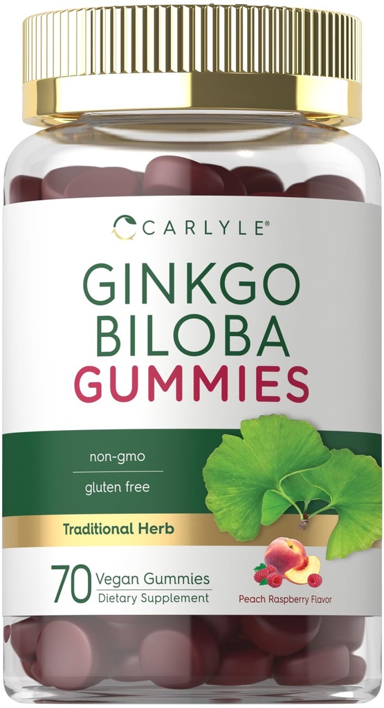 Carlyle Ginkgo Biloba 300mg | 70 Gummies | 45:1 Leaf Extract | con Peach Raspberry Flavor | Vegan, Non OGM, Gluten Free Supplement