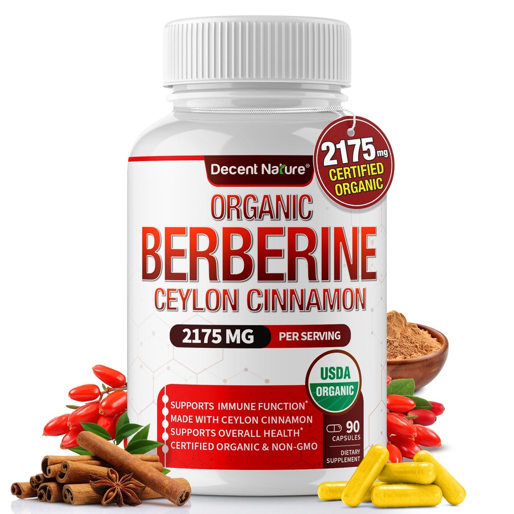 Berberina Organica con Ceylon Cinnamon 2175mg - Supplemento berberina Premium estratto di elevata purezza USDA Organico, sistema immunitario di supporto, Berberine Plus Complex, Non OGM Vegan per le donne 90 capsule