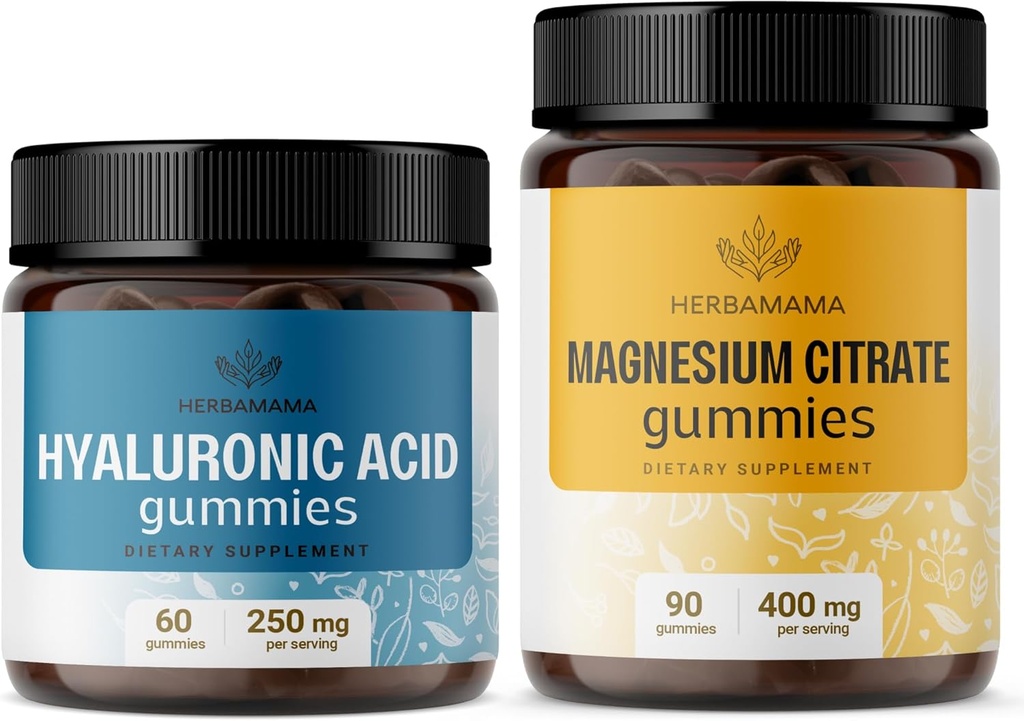HERBAMAMA Acido ialuronico e Magnesio Kit - Bundle di 250 mg Acido ialuronico & 400 mg Magnesio Citrato Gummies - Vegan, Non OGM, Gelatin-Free - 2 Pack