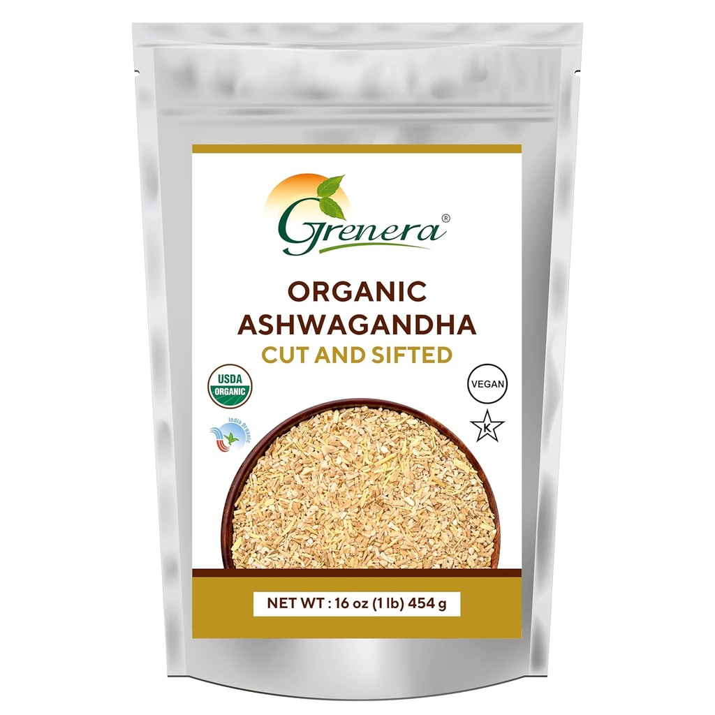 Grenera Organic Ashwagandha Root Cut e Sifted 1 lb, Withania Somnifera USDA Certificato 3 a 5 mm Dimensione, meglio per fare il tè di erbe